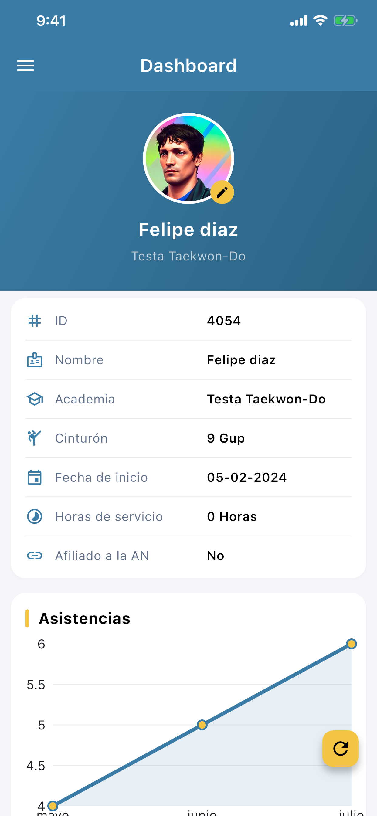 App móvil de Jhanu con el perfil de un estudiante: cinturón, academia y pagos
